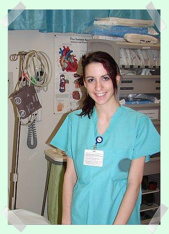 Elena Dunkle in nursing scrubs as a volunteer during high school